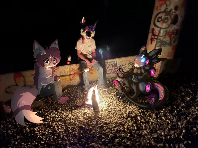 I drew myself joining u/AnimusFoxx and u/smashedplate73 at the fire :3