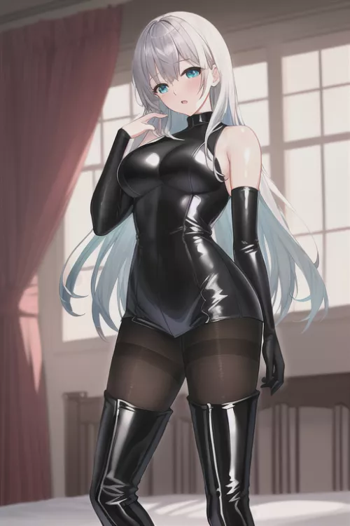 Silver Hair, Black Latex & Thigh Boots