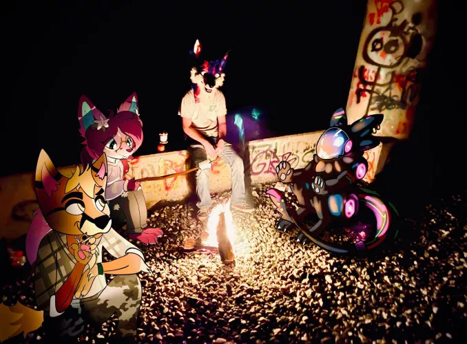 I drew myself joining u/AnimusFoxx, u/smashedplate73 and u/Vulkiri at the fire 🔥