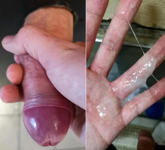Playing with his cum at the urinal