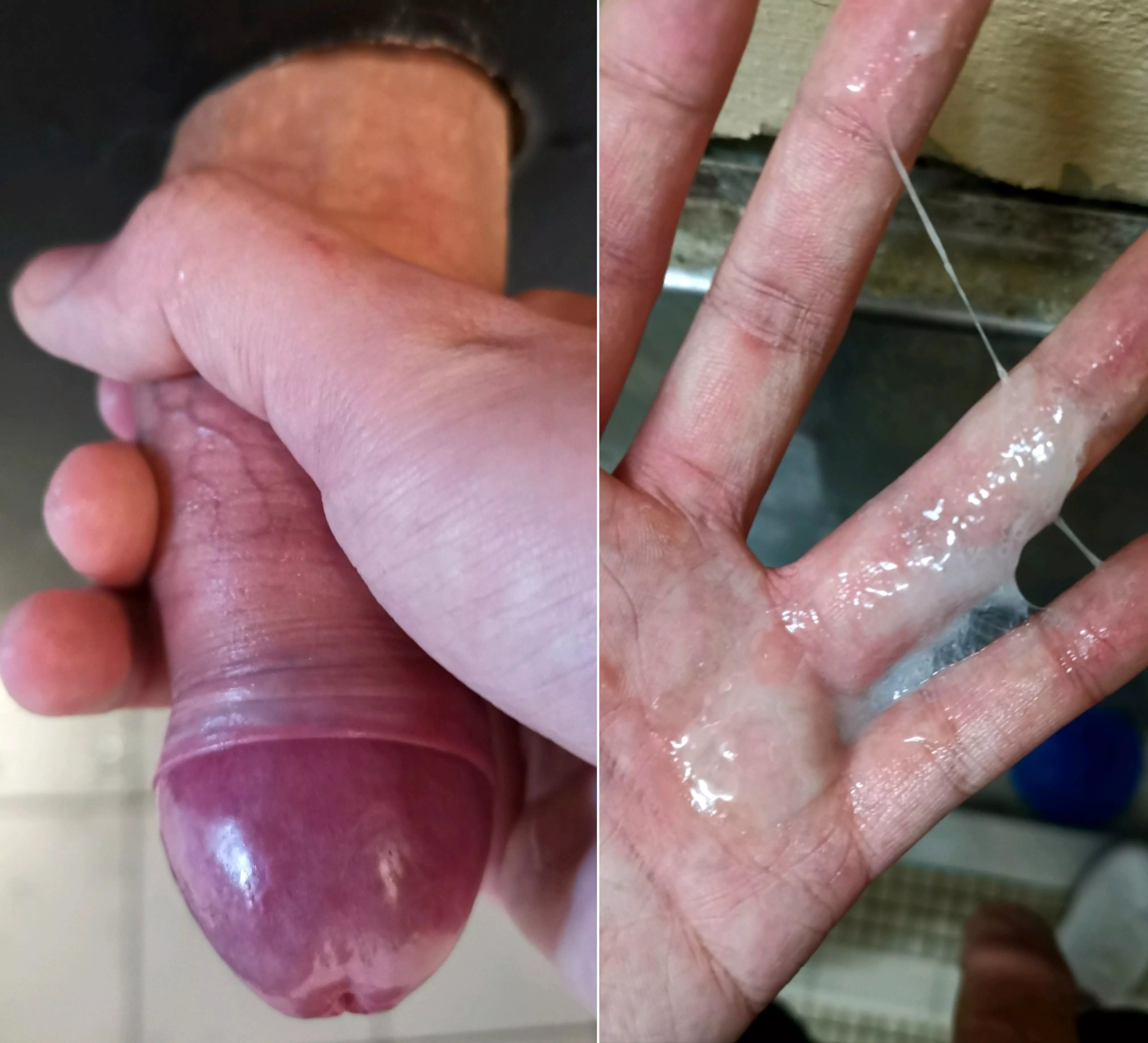 Playing with his cum at the urinal