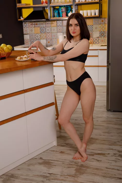 Stretching my body on the kitchen...