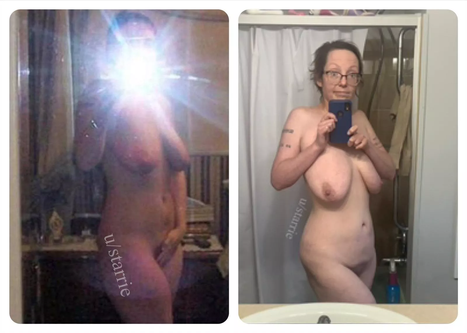 F 44/5’6/149! 26 on the left and first nude of 44 on the right! It amazes and saddens me how self conscious the woman on the left was.