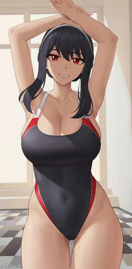 Yor poses in a swimsuit
