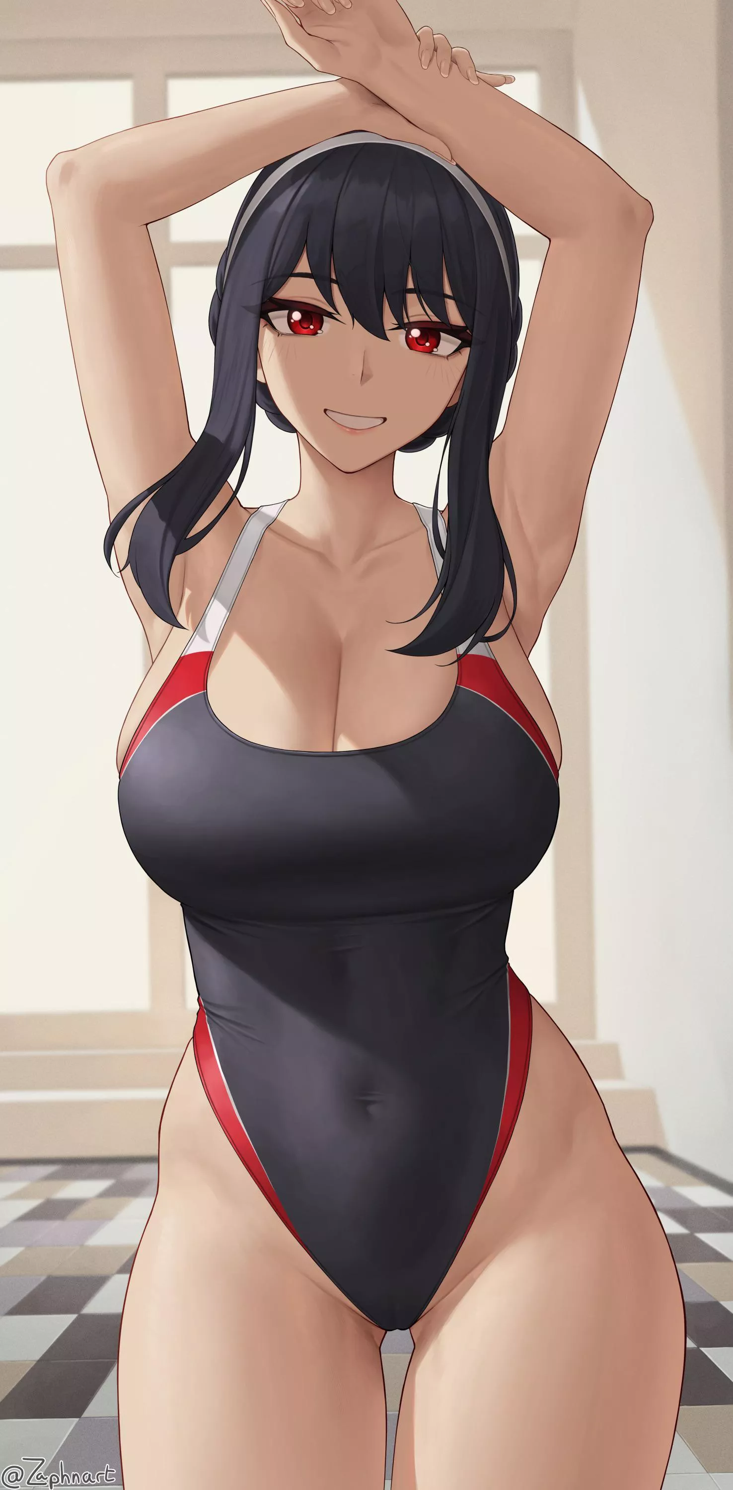 Yor poses in a swimsuit