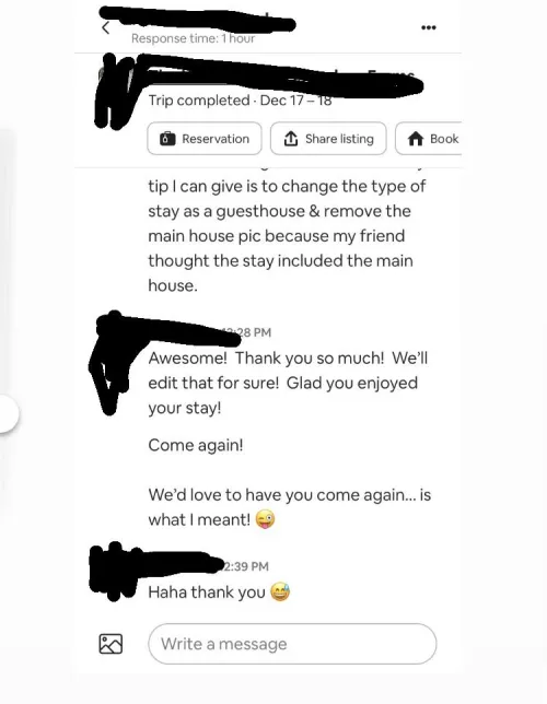AirBnB host heard us having fun 😅
