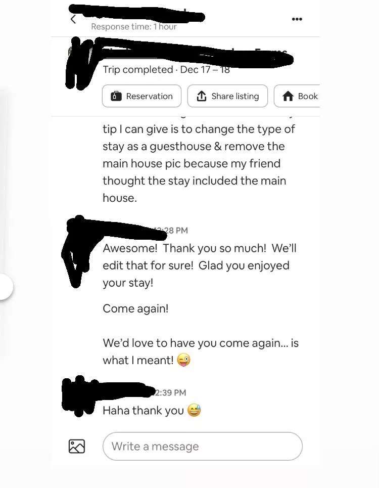 AirBnB host heard us having fun 😅