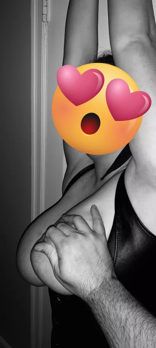 Hands cuffed above my head, while getting my massive tits teased. [F]