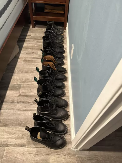 Hello, my name is Mike and I have a problem. From top to bottom to bottom, 1 pair Red Wing, 2 pairs Thursday, 1 pair Loake, 2 pairs Solovair, 2 pairs Dr. Marten (1 pair is my wife’s). Not pictured, 1 pair Wolverines and 1 pair of Cactus.