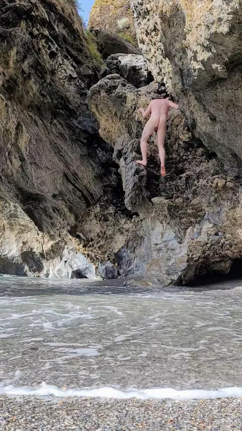 Nude rock climbing on a dare!