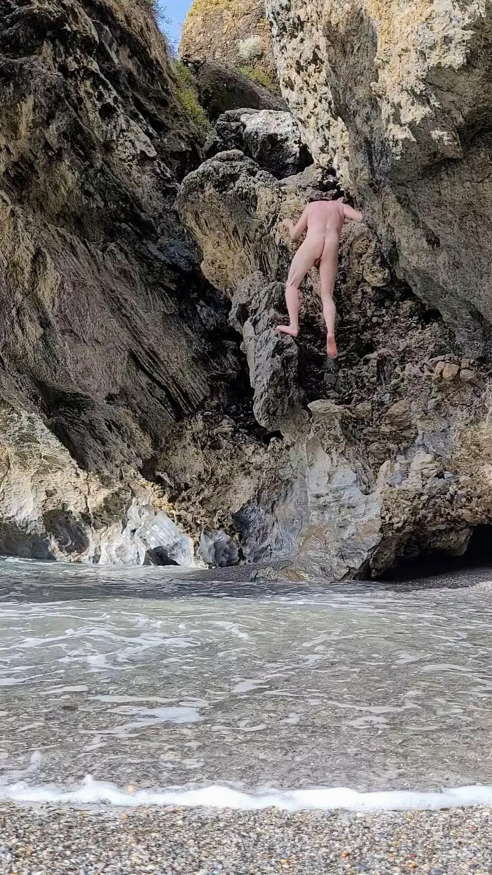 Nude rock climbing on a dare!