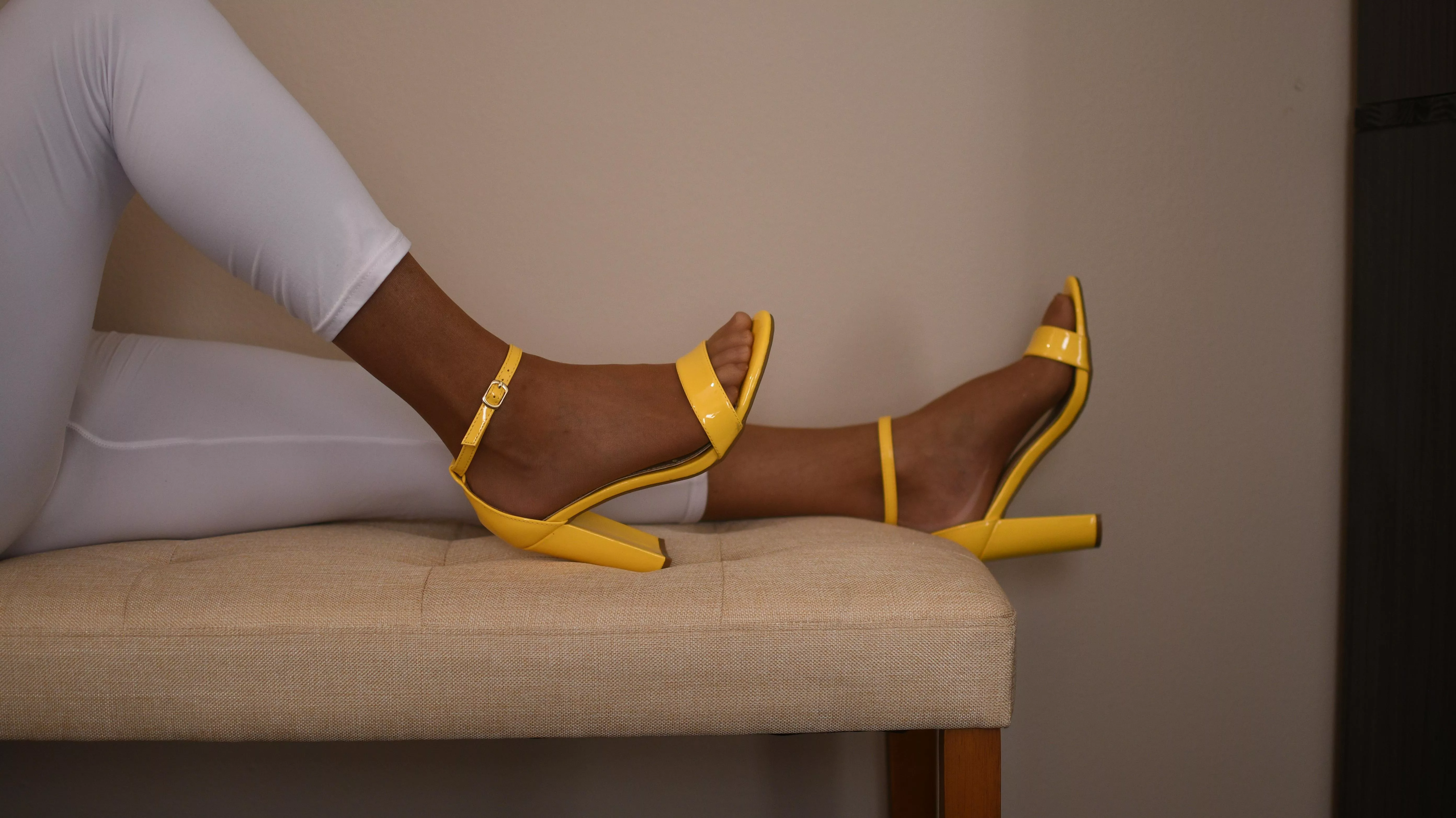 Yellow chunky high heel sandals with sheer nylons
