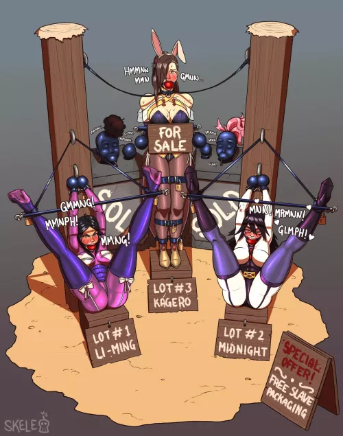 I want to be kidnapped, wrapped in latex, fitted with ball-mitts, and bound like Li-Ming. Legs spread, showing off my best assets and sold to the highest bidder. I sure hope my buyer puts one of those rubber hoods on me~