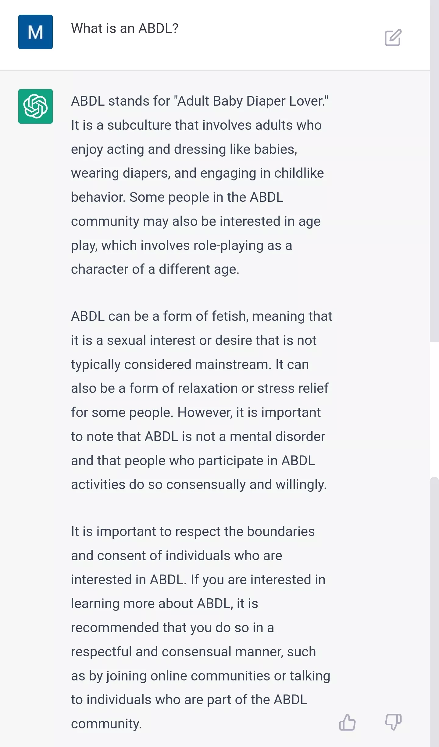I've asked ChatGPT a handful of ABDL related questions and every response has been filled with kindness and respect. I am so happily surprised!
