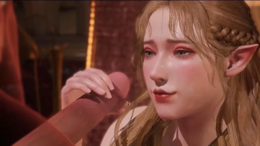 Lf color source: Blonde hair, looking at penis, handjob, pointy ears, makeup