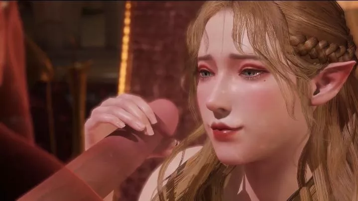 Lf color source: Blonde hair, looking at penis, handjob, pointy ears, makeup