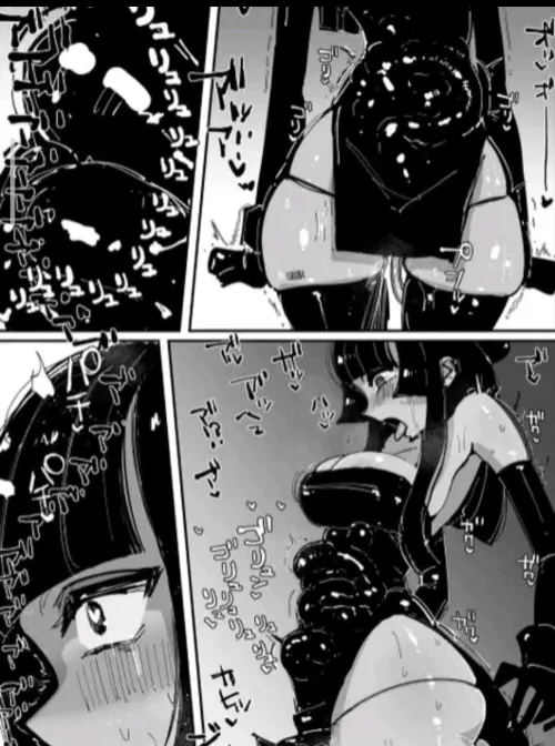 LF Mono Source: 1girl, black dress, tentacle, bulge, clothed, black hair, standing