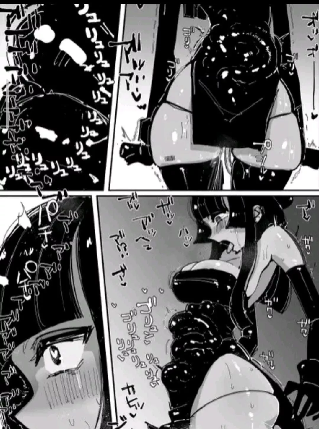 LF Mono Source: 1girl, black dress, tentacle, bulge, clothed, black hair, standing