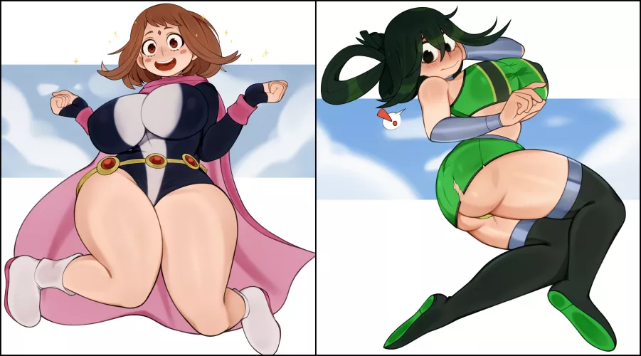 Ochako and Tsuyu trying Raven and Starfire's costume styles (MelonWuff)