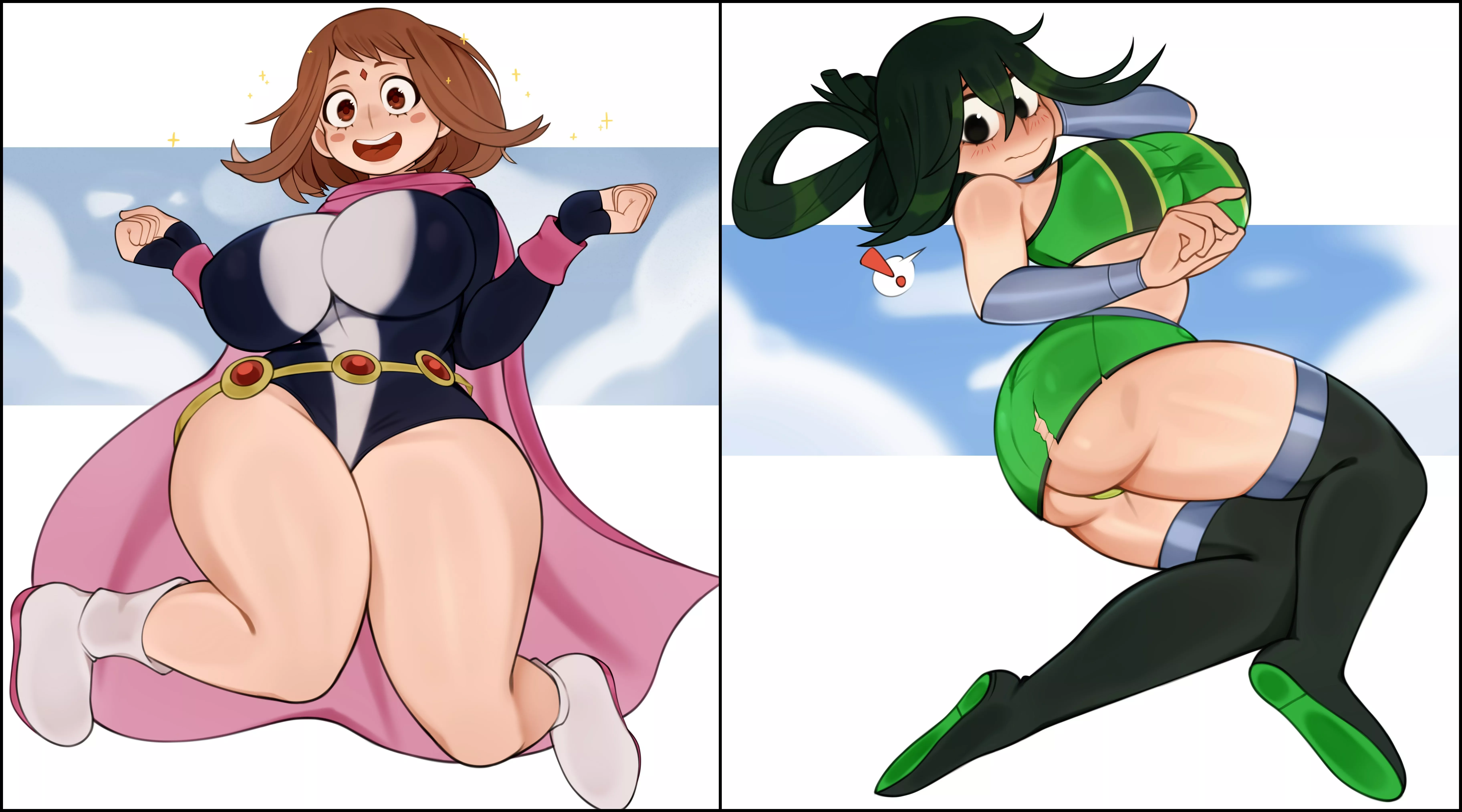 Ochako and Tsuyu trying Raven and Starfire's costume styles (MelonWuff)