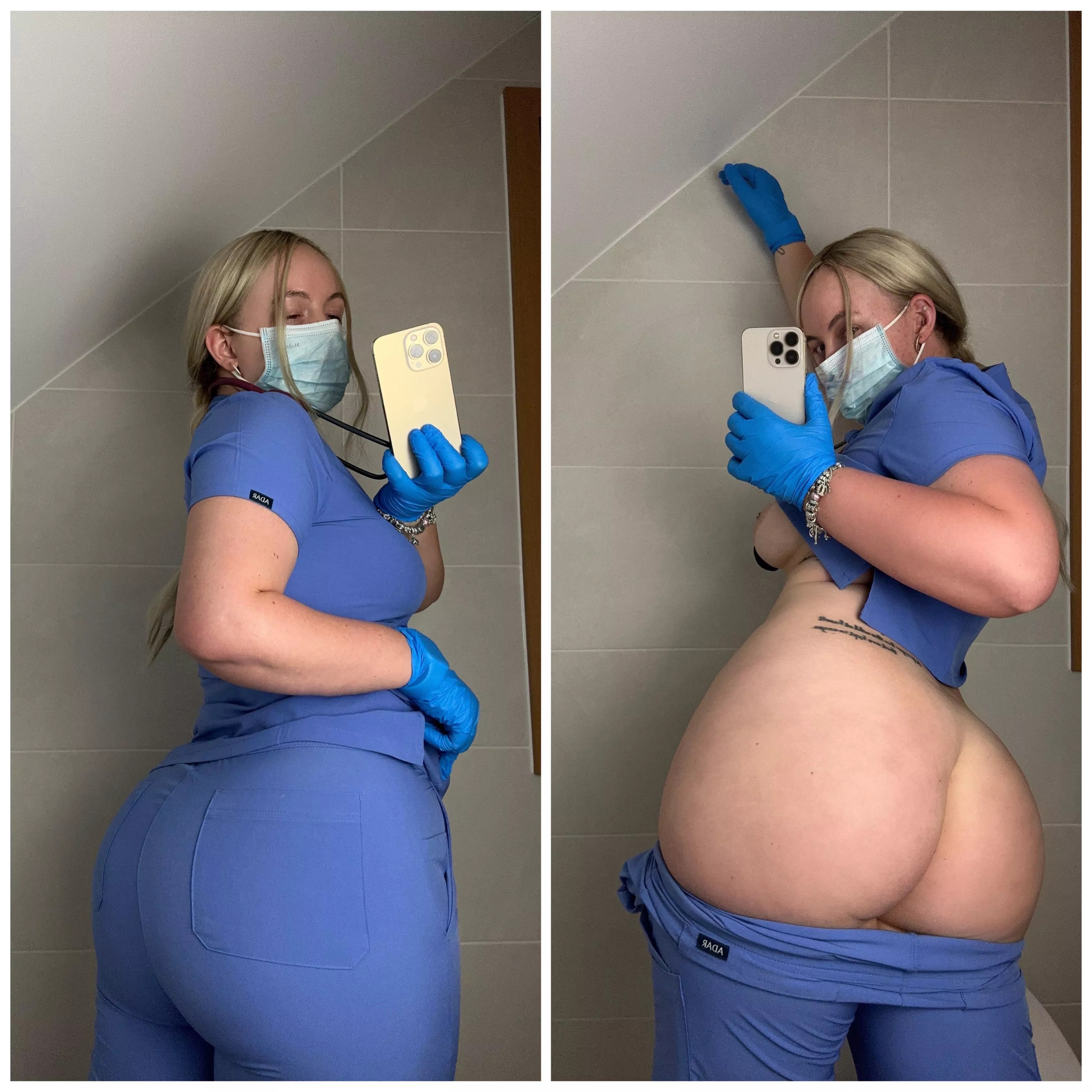 My scrubs squish my booty