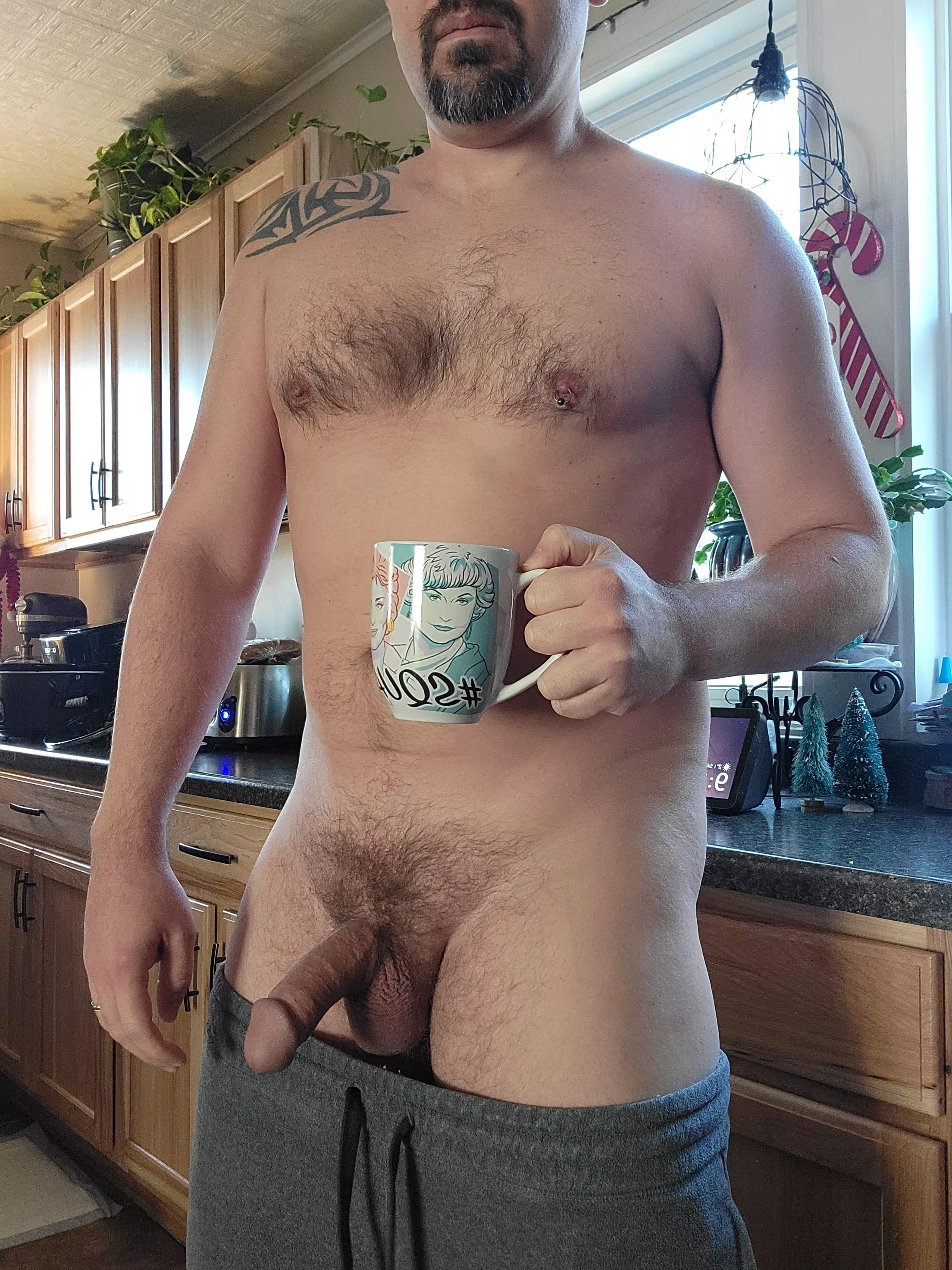 Starting the day off right, with cock and coffee.