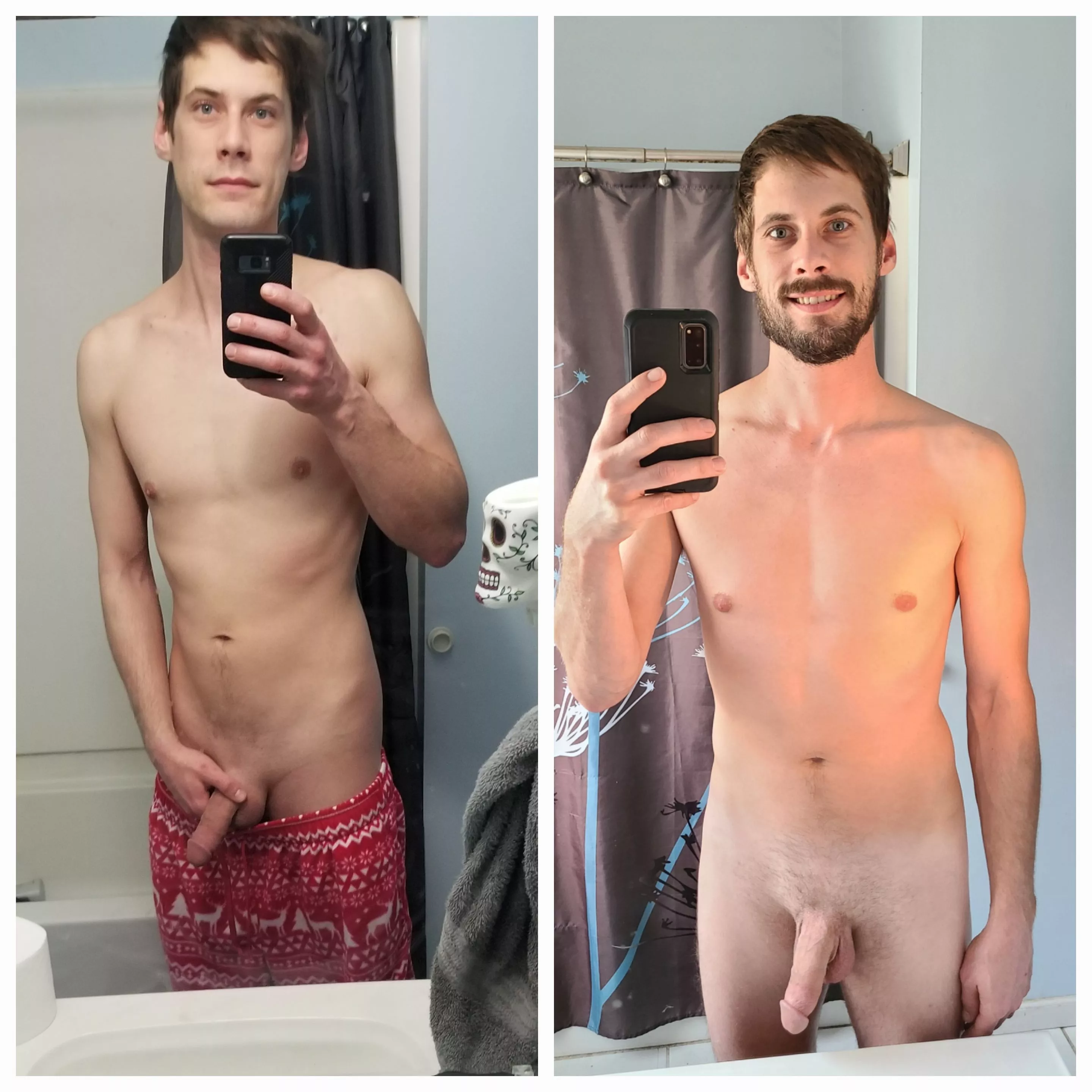 About 10 Christmas's apart. Beard or no beard?