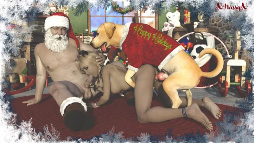 Blonde babe spitroast by Santa and her dog (xnassyx)