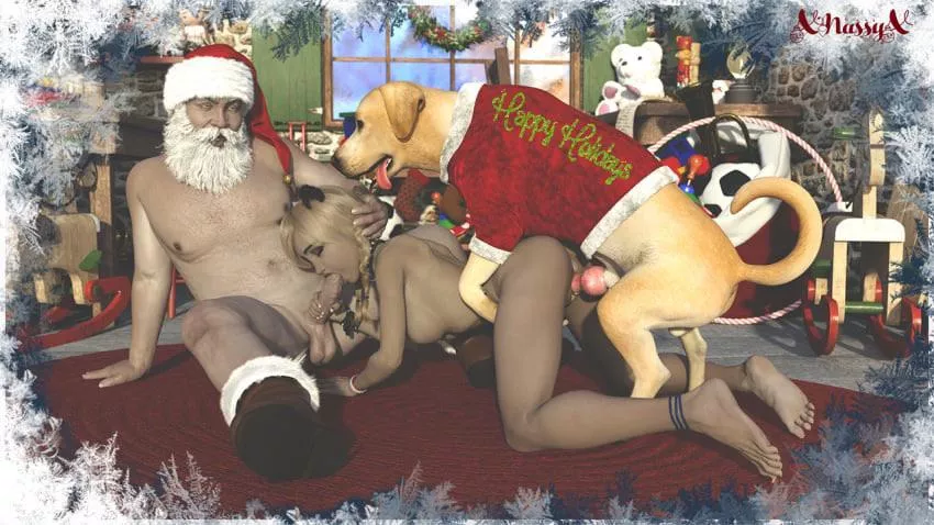 Blonde babe spitroast by Santa and her dog (xnassyx)