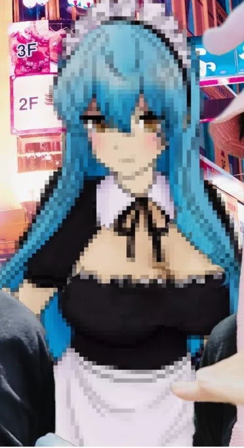 LF Color Source: Maid Outfit, Boob Window, Orange Eyes, Maid Headband, Blushing, Blue Hair