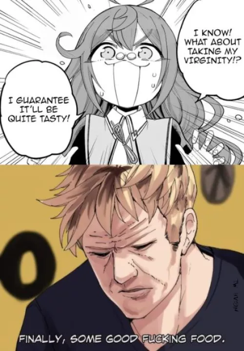 Mono: 1girl, meme, gordon ramsay, I know! What about taking my virginity!?, I guarantee it'll be quite tasty!, Finally, some good fucking food, glasses