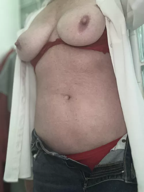 A crisp white blouse goes well with my red..