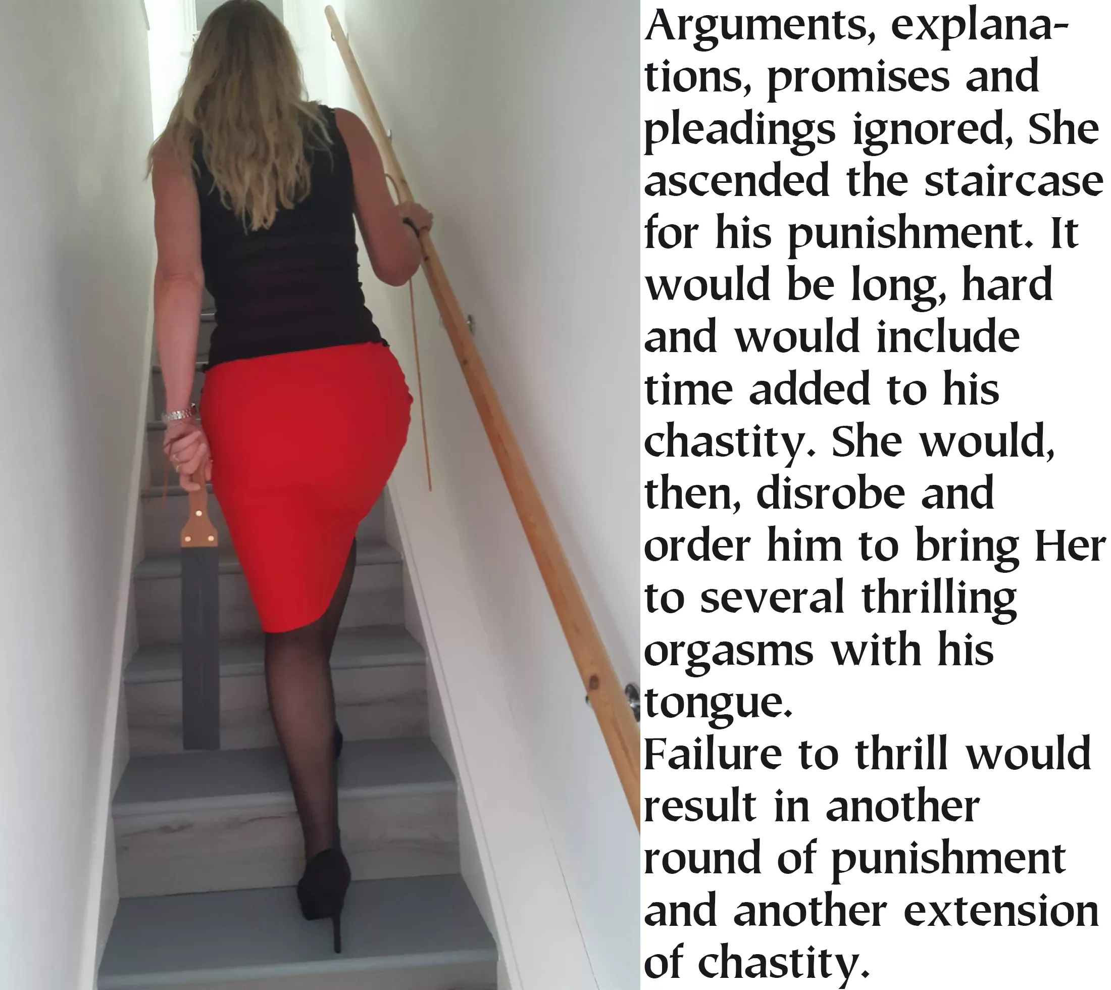 Generally, whenever She picked up Her cane and the strap, discussion time was over. She, of course, loved punishment. It invariably made the first post-punishment orgasm quick. She held off the next ones.