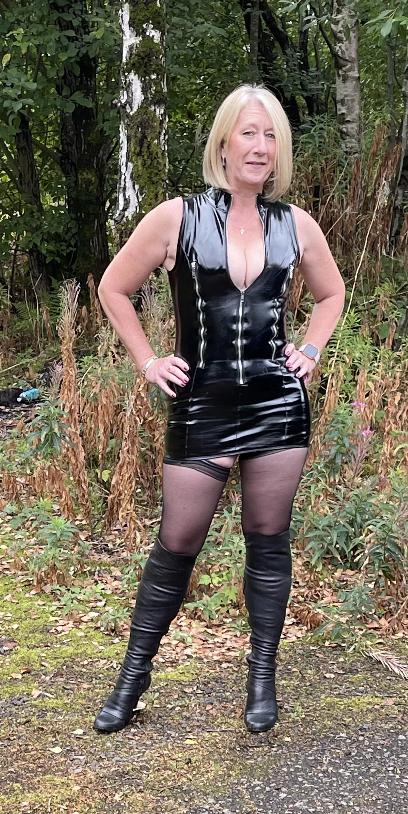 Roxy with PVC with zips, leather boots n stockings