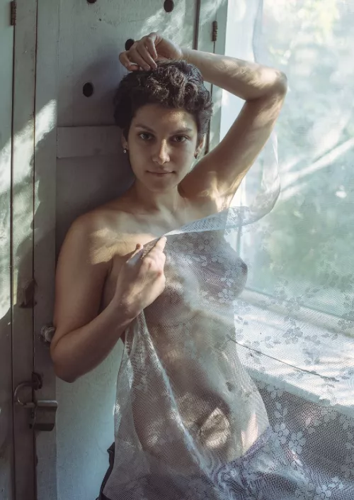 She covered herself as best she could.