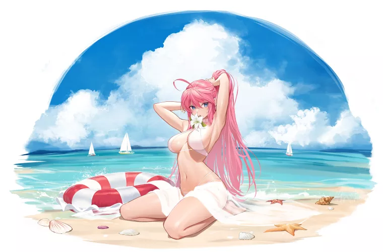 Tying her hair by the beach