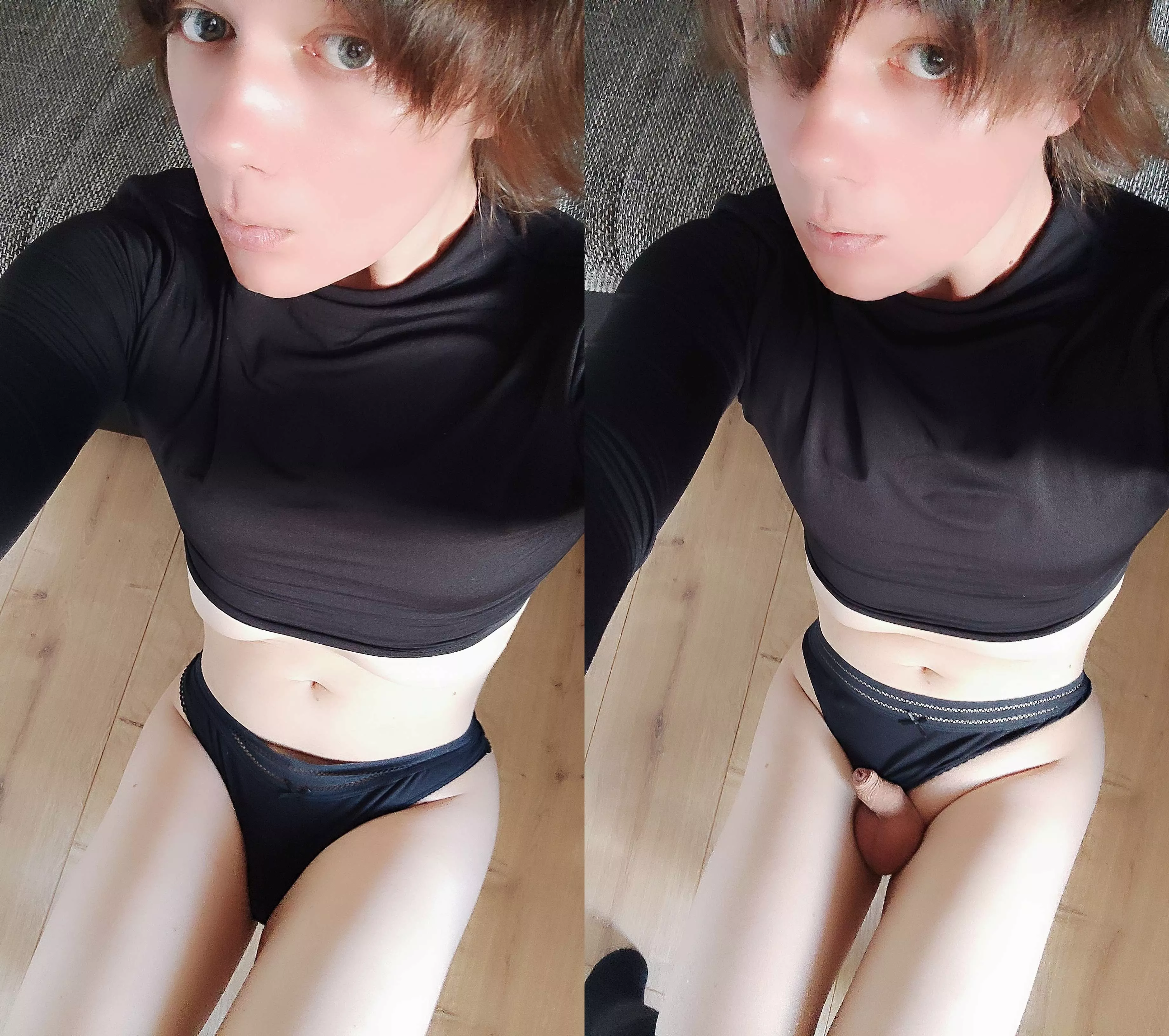 Without panties, do I look cuter with my little micro shrimp?😊🤏🏻