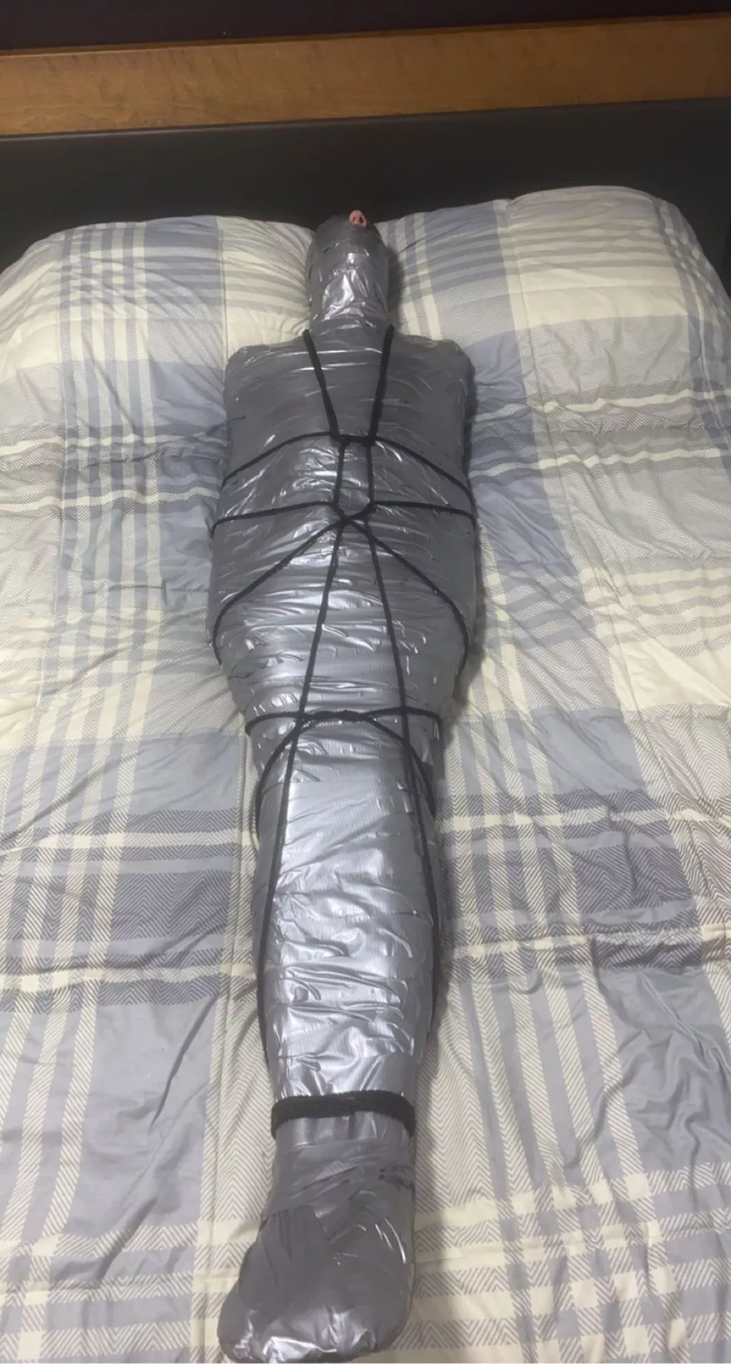 2hours session. This was my most restrictive mummfication by far. For my next I am looking to push with more ropes or a mummification into a vacbed