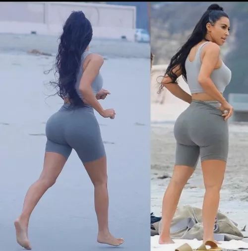 Kim slightly removing her fat ass's shorts to reveal her matching thong