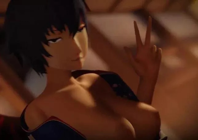 LF Color Source : 3d hentai, big breasts, short hair, black hair, kimono, 1girl, 1boy, from behind