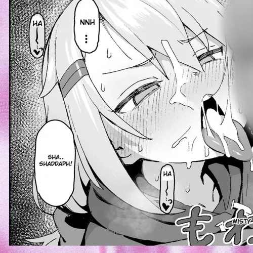 LF Mono Source: nnh.sha..shaddaph!, 1girl, light hair color, eye squinted, hairband, blowjob, short hair, ahegao