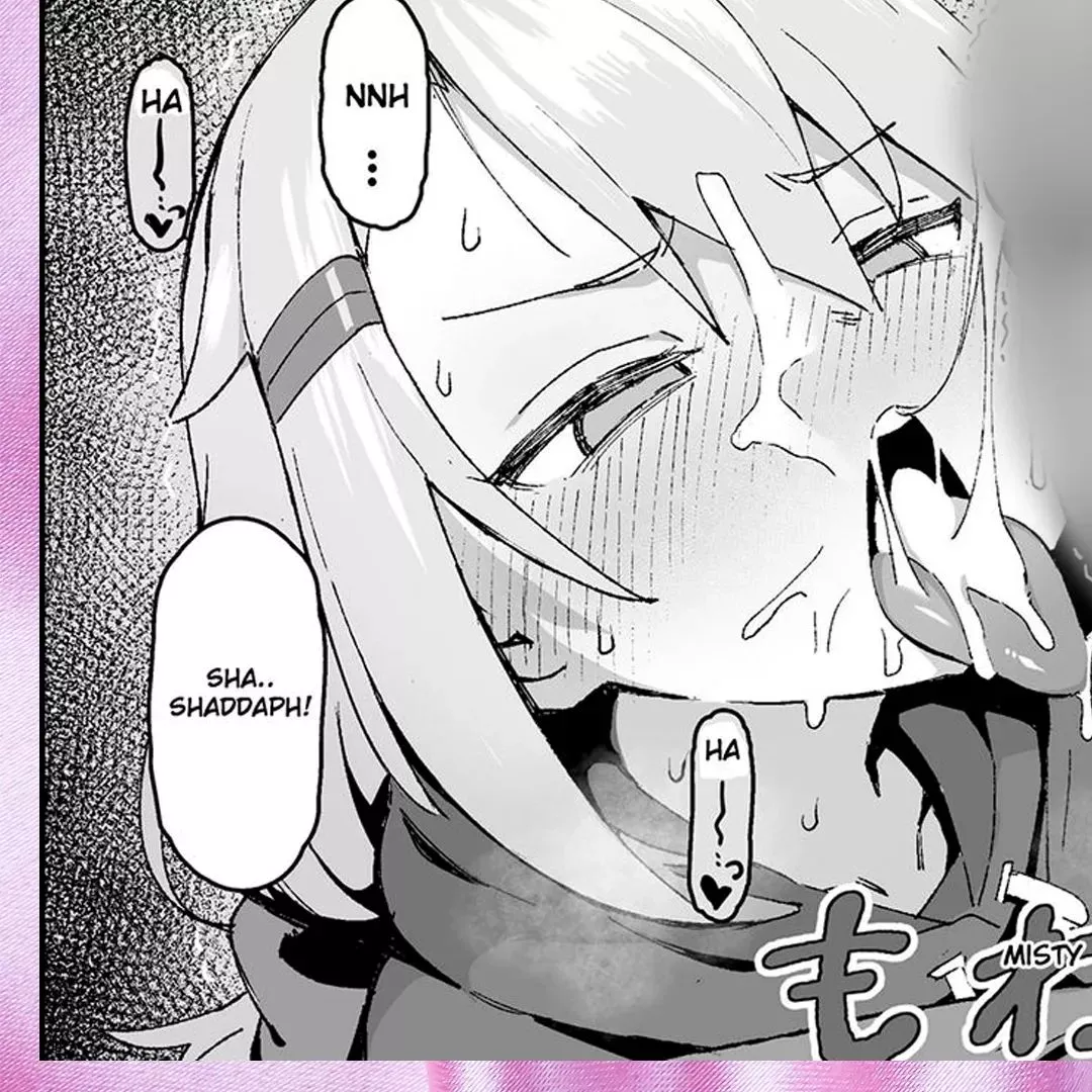 LF Mono Source: nnh.sha..shaddaph!, 1girl, light hair color, eye squinted, hairband, blowjob, short hair, ahegao