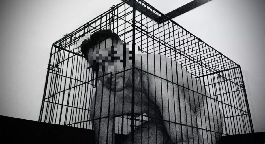 Young domme keeps “dickless daddy” in cage while she fucks studs