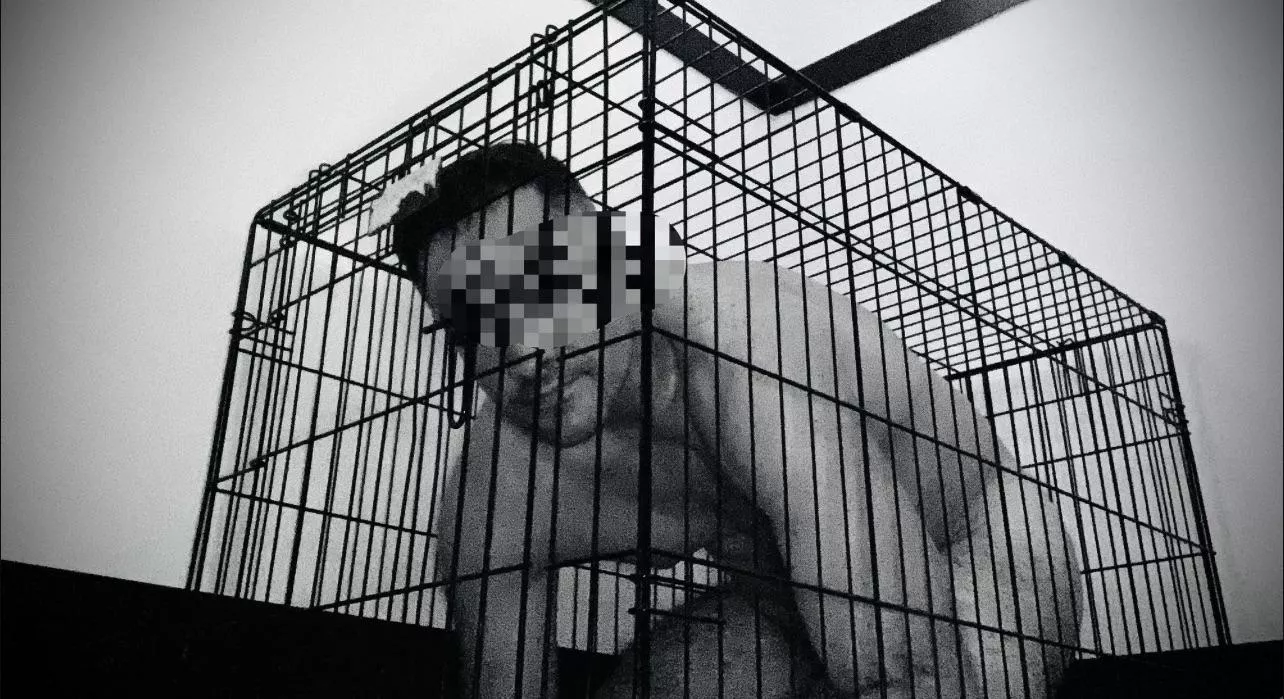 Young domme keeps “dickless daddy” in cage while she fucks studs