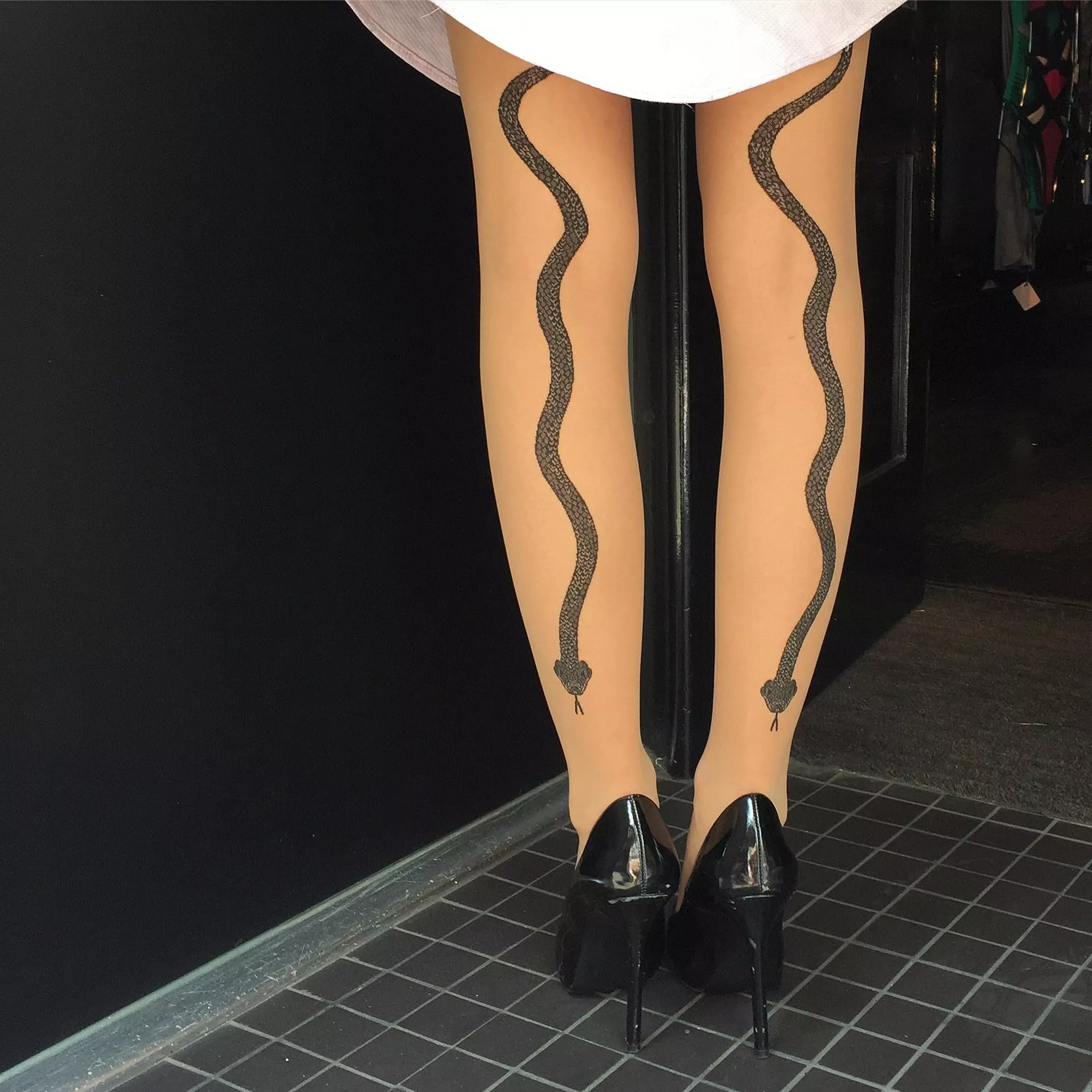 I’m very lucky to work for a place where this is my work uniform… can you guess where? Ps I hope you like today’s snake stockings!