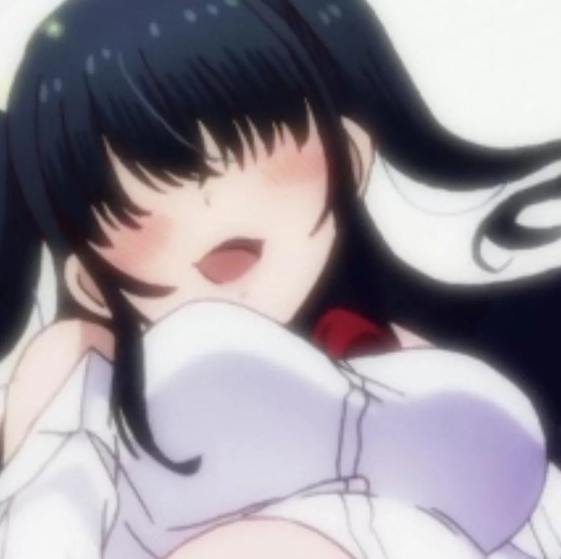 LF Color Source: 1girl, bangs, bare shoulders, black hair, blush, from below, hair over eyes, large breasts, long hair, looking down, no eyes, off shoulder, open mouth, red bowtie, school uniform, sidelocks, smile, two side up, white background, white sh