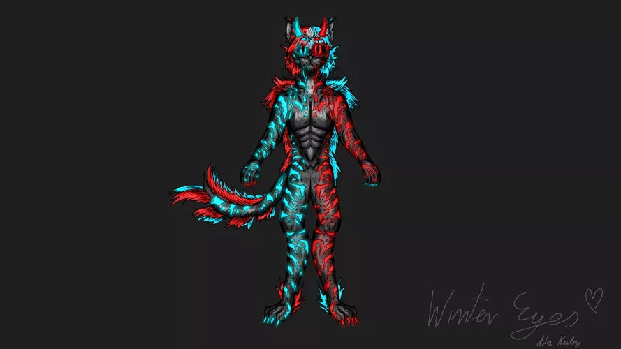 My brothers fursona, PixelGlitch. He's a cyberpunk style cat-demon. What are your thoughts about his design? (art by me)