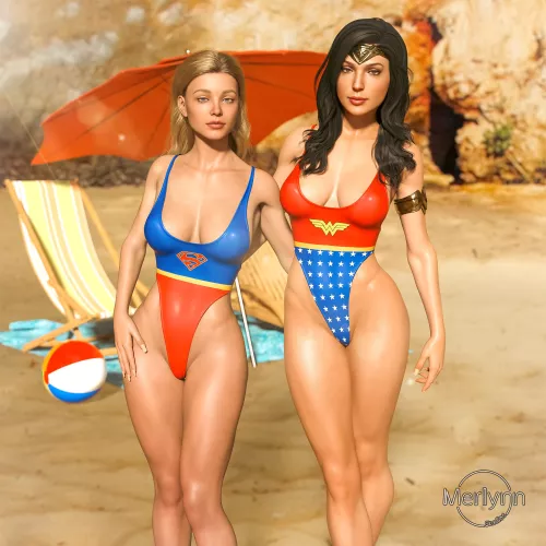 Supergirl & Wonder Woman Wearing Their Own Brand One Piece (MerlynnStudios) [DC]