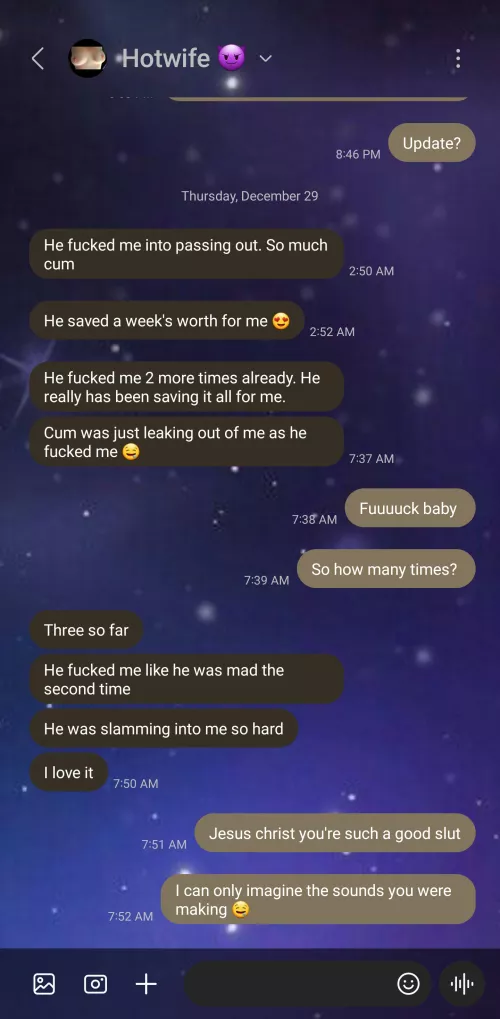 Talking to your wife about her sex life is so surreal.