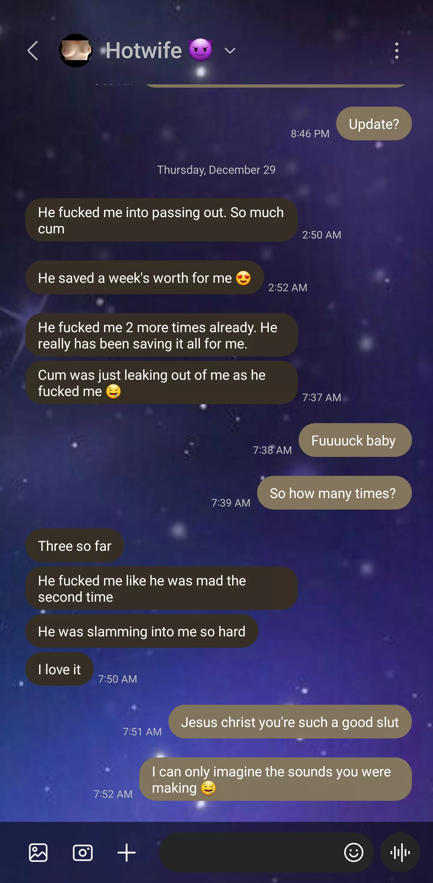 Talking to your wife about her sex life is so surreal.